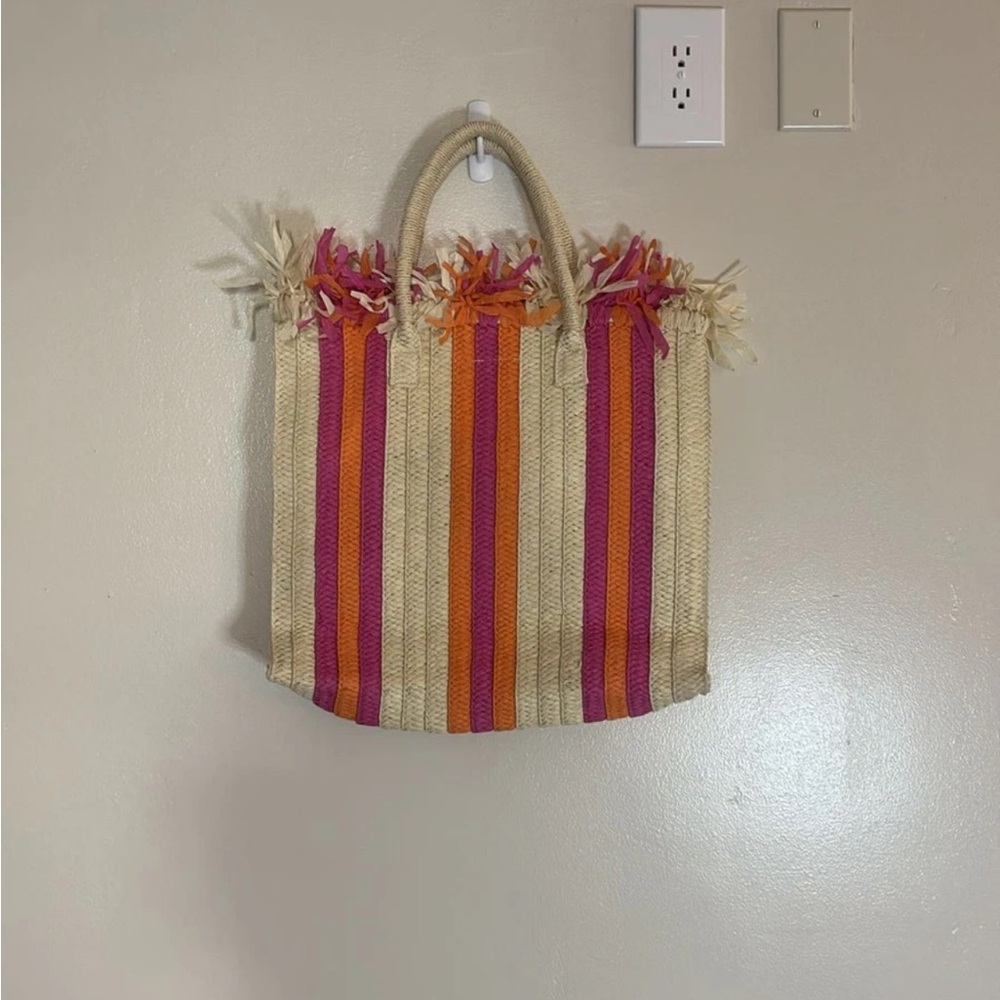 Mark & Graham Raffia Tote Bag Pink Orange Striped Beach Summer Resort